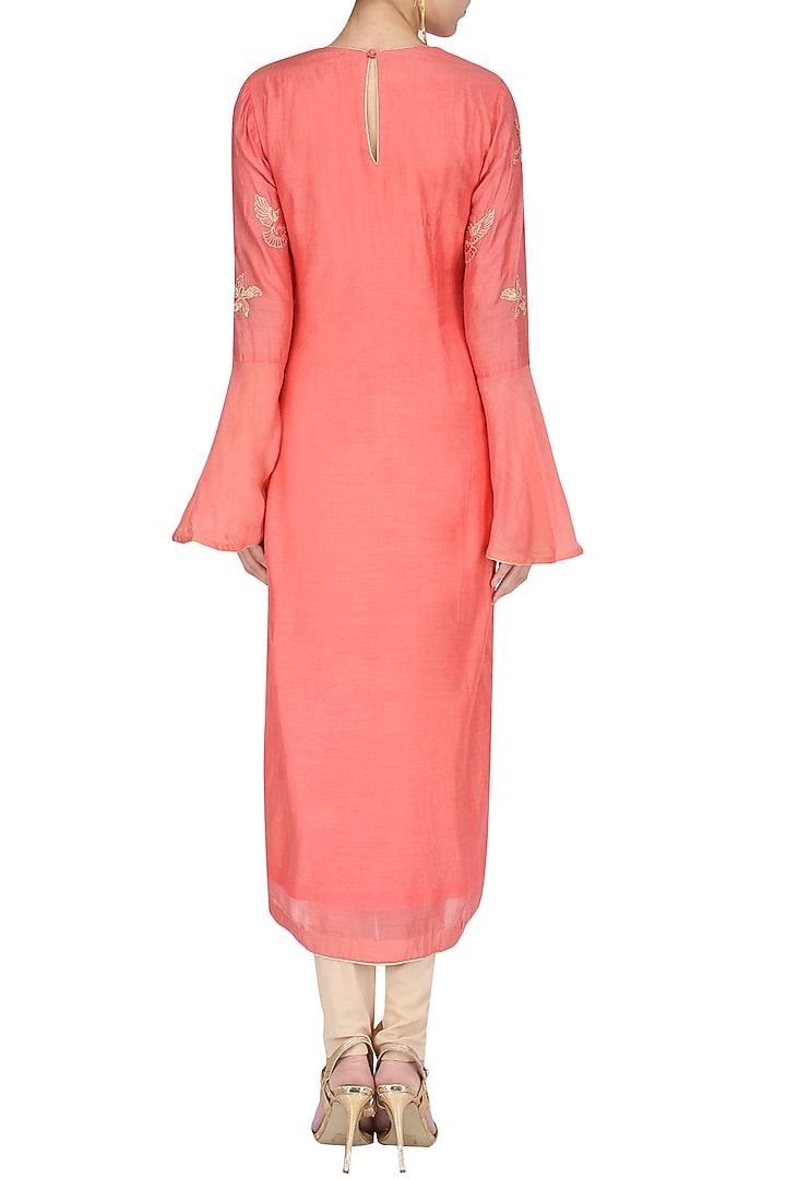 Coral spunsilk embroidered kurta and dupatta available only at Pernia's Pop Up Shop.