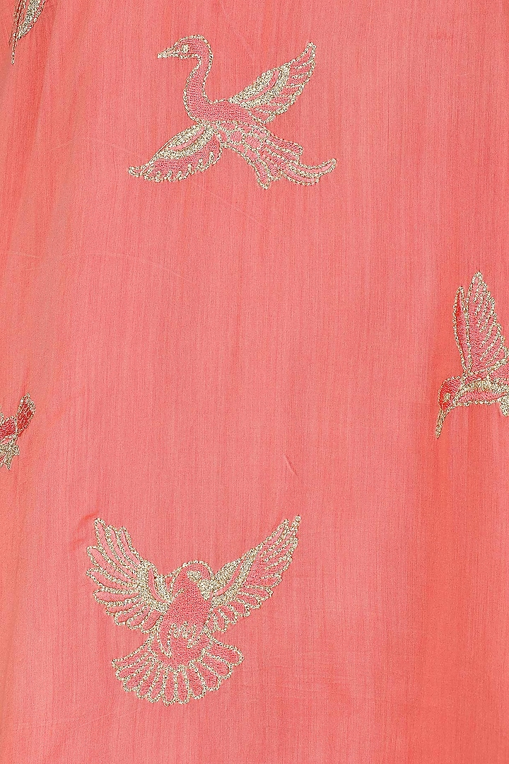 Coral spunsilk embroidered kurta and dupatta available only at Pernia's Pop Up Shop.