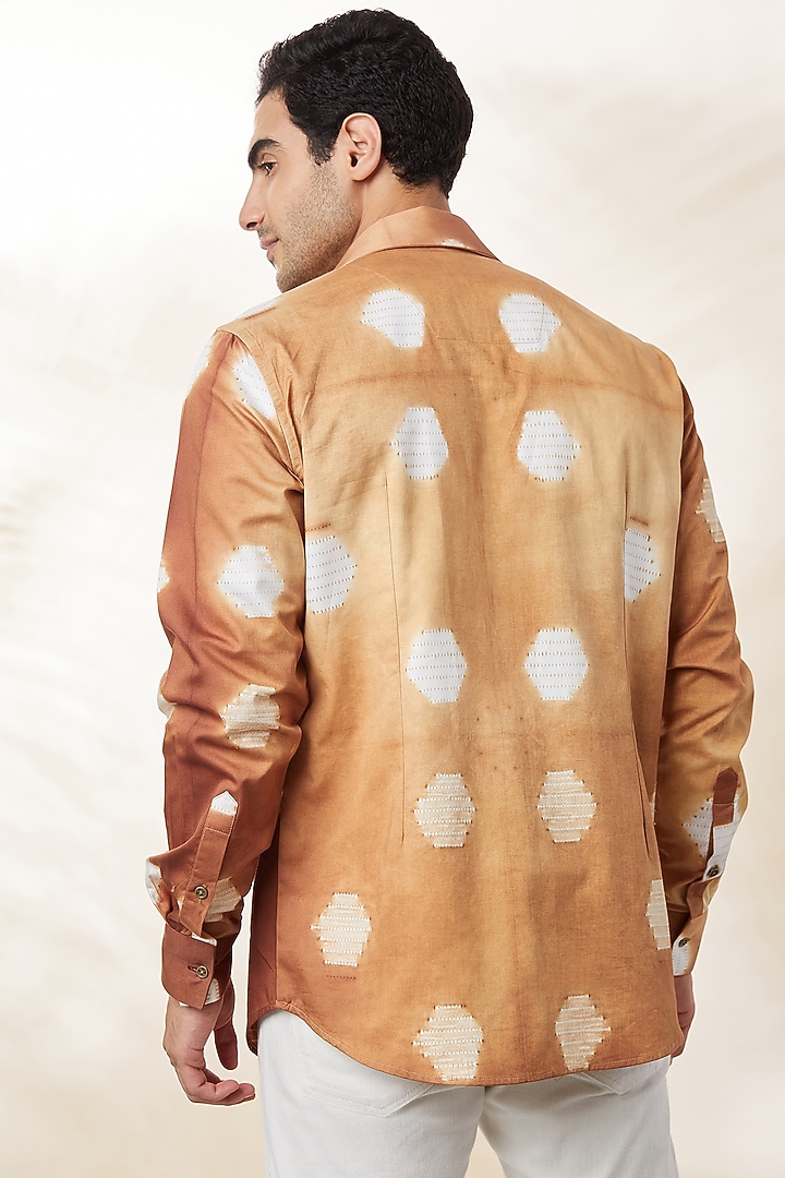 Tan Cotton Shibori Tie-Dye Printed Party Wear Shirt by SEVENDC MEN at Pernia's Pop Up Shop