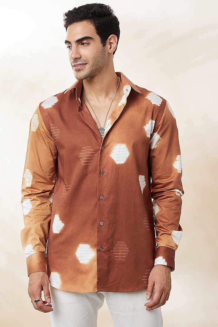 Tan Cotton Shibori Tie-Dye Printed Shirt by SEVENDC MEN