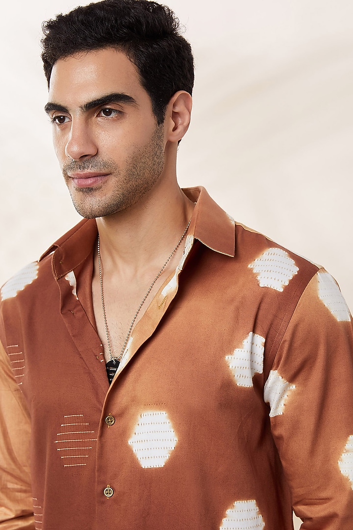 Tan Cotton Shibori Tie-Dye Printed Party Wear Shirt by SEVENDC MEN at Pernia's Pop Up Shop