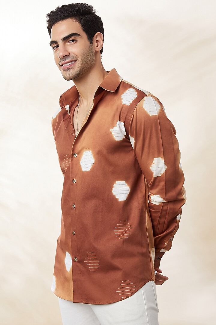 Tan Cotton Shibori Tie-Dye Printed Party Wear Shirt by SEVENDC MEN at Pernia's Pop Up Shop