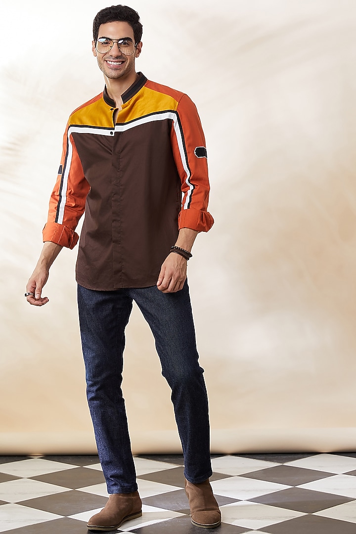 Multi-Colored Cotton Color-Blocked Party Wear Shirt by SEVENDC MEN at Pernia's Pop Up Shop