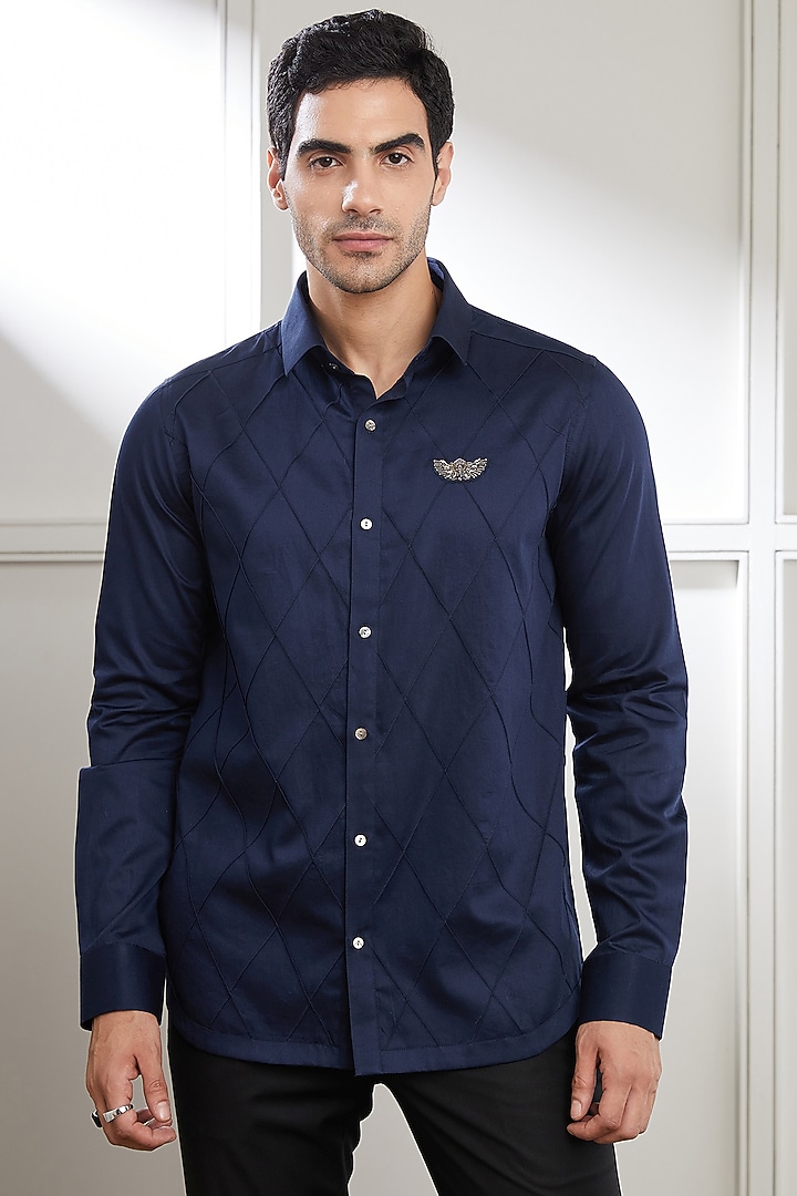 Navy Blue Cotton Party Wear Shirt by SEVENDC MEN at Pernia's Pop Up Shop