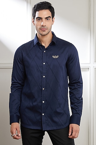 Navy Blue Cotton Shirt by SEVENDC MEN