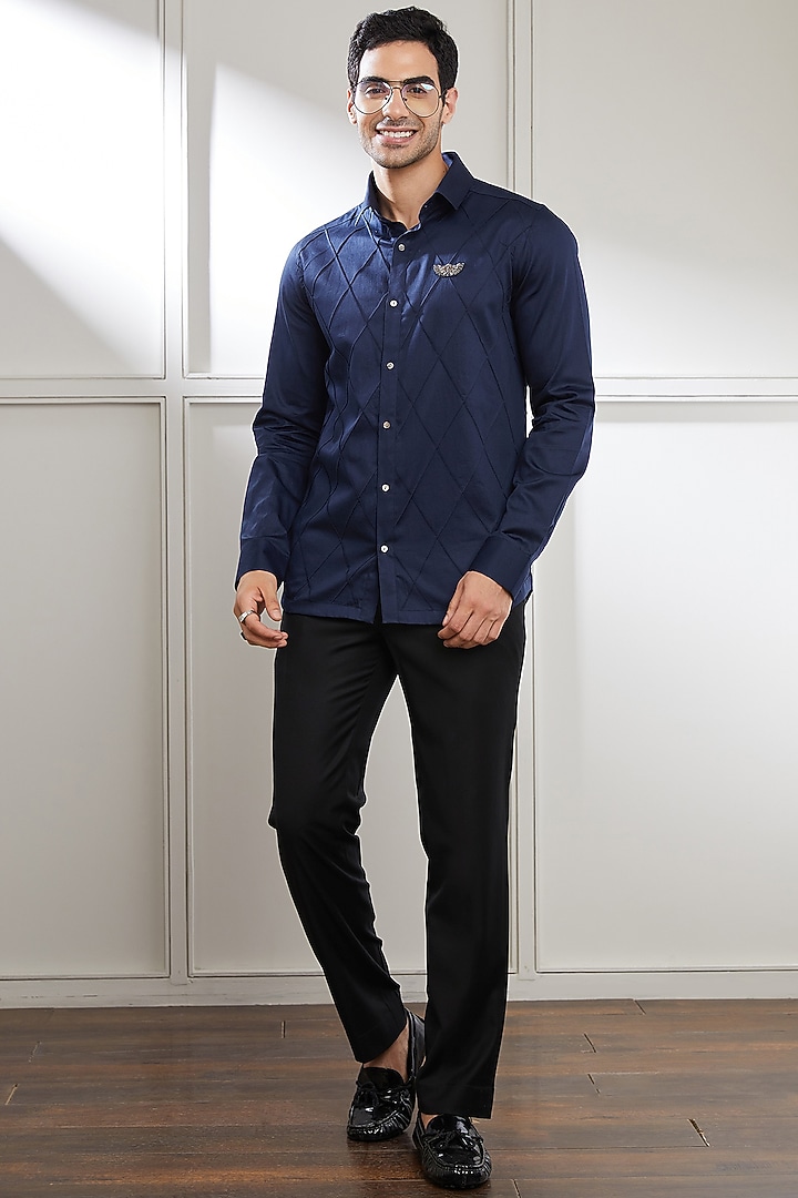 Navy Blue Cotton Party Wear Shirt by SEVENDC MEN at Pernia's Pop Up Shop