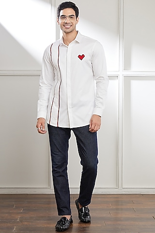 White Cotton Embroidered Shirt by SEVENDC MEN