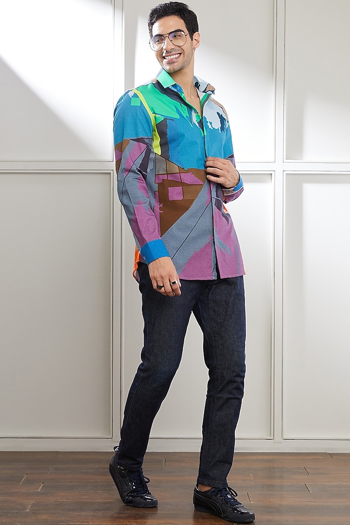 Multi-Colored Cotton Abstract Printed Party Wear Shirt by SEVENDC MEN at Pernia's Pop Up Shop
