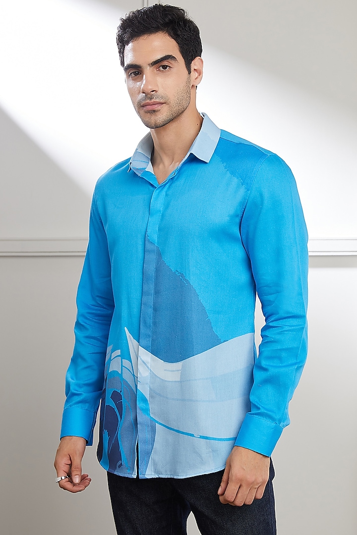 Blue Cotton Printed Shirt by SEVENDC MEN