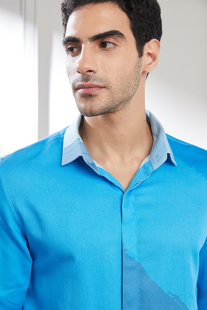 Blue Cotton Abstract Printed Party Wear Shirt by SEVENDC MEN at Pernia's Pop Up Shop