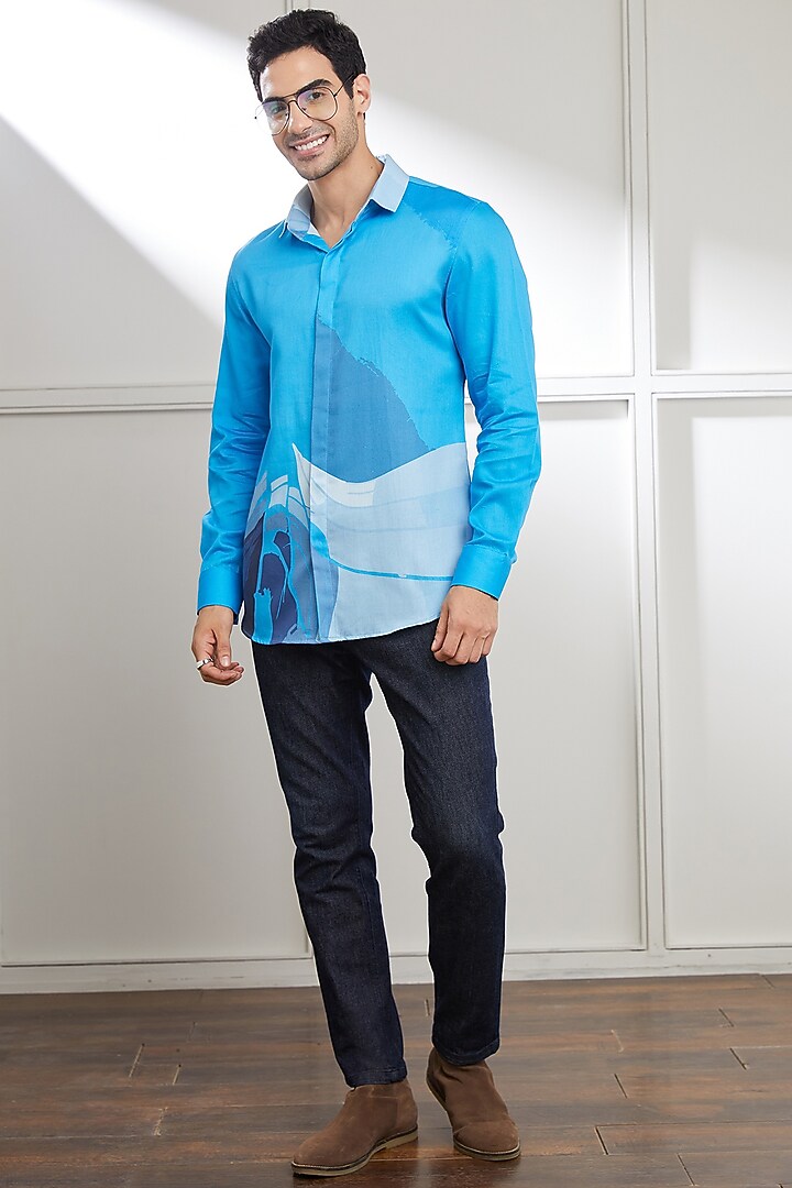 Blue Cotton Abstract Printed Party Wear Shirt by SEVENDC MEN at Pernia's Pop Up Shop