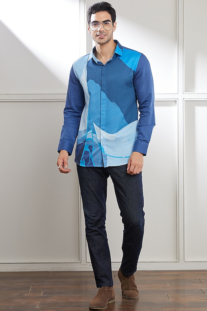 Blue Cotton Printed Shirt by SEVENDC