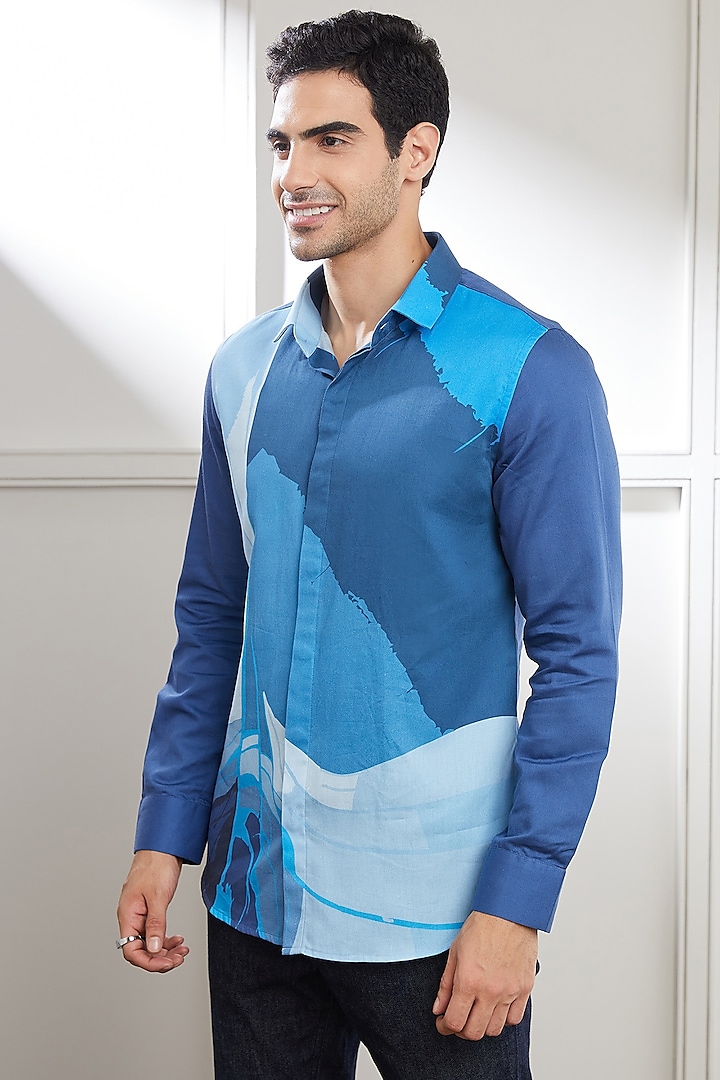 Blue Cotton Printed Shirt by SEVENDC MEN