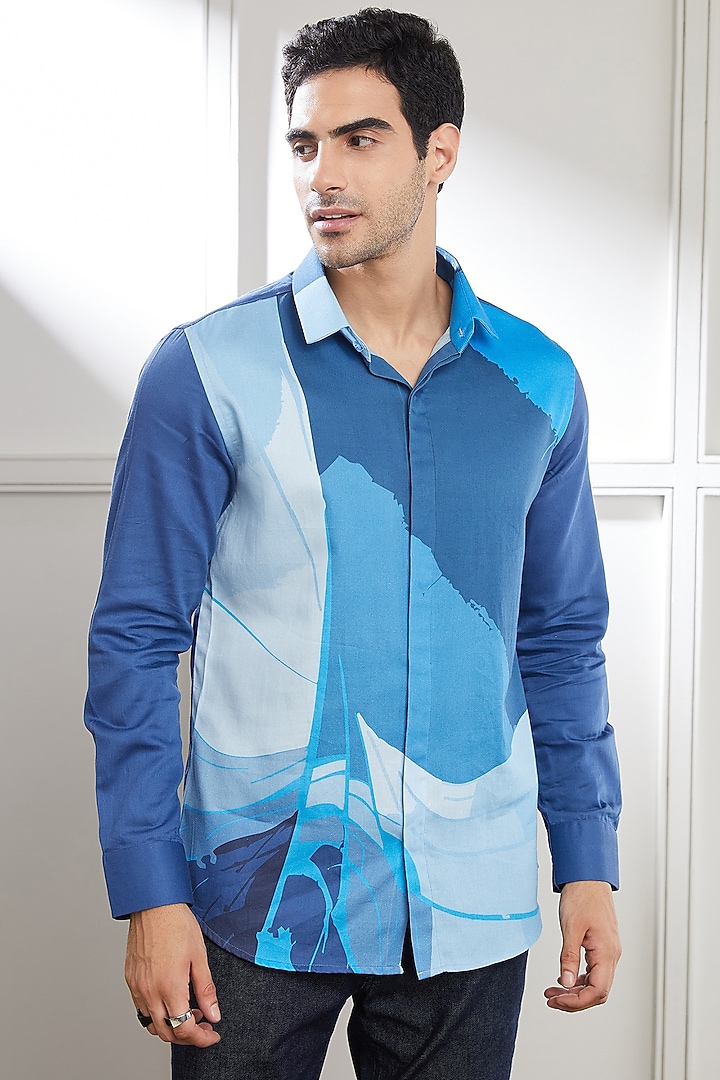 Blue Cotton Abstract Printed Party Wear Shirt by SEVENDC MEN at Pernia's Pop Up Shop