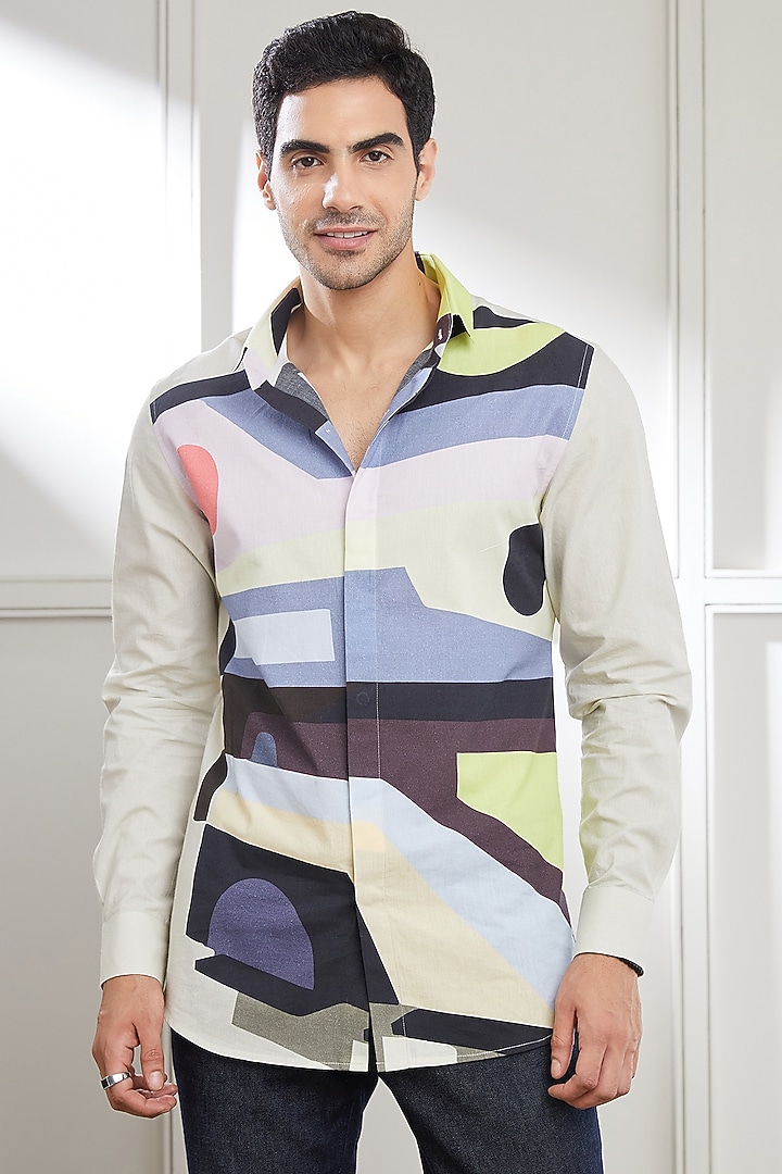 Multi-Colored Cotton Abstract Printed Party Wear Shirt by SEVENDC MEN at Pernia's Pop Up Shop