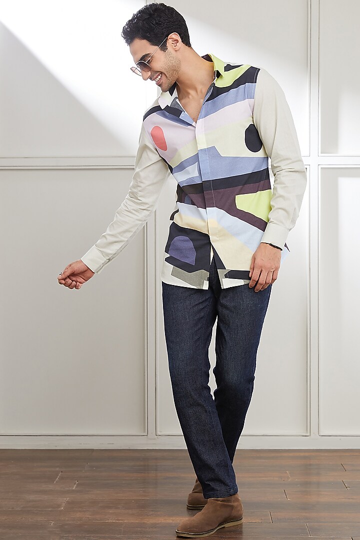 Multi-Colored Cotton Abstract Printed Party Wear Shirt by SEVENDC MEN at Pernia's Pop Up Shop