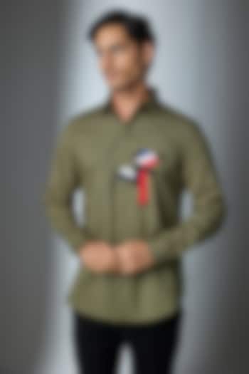 Olive Green Cotton Party Wear Shirt by SEVENDC MEN at Pernia's Pop Up Shop