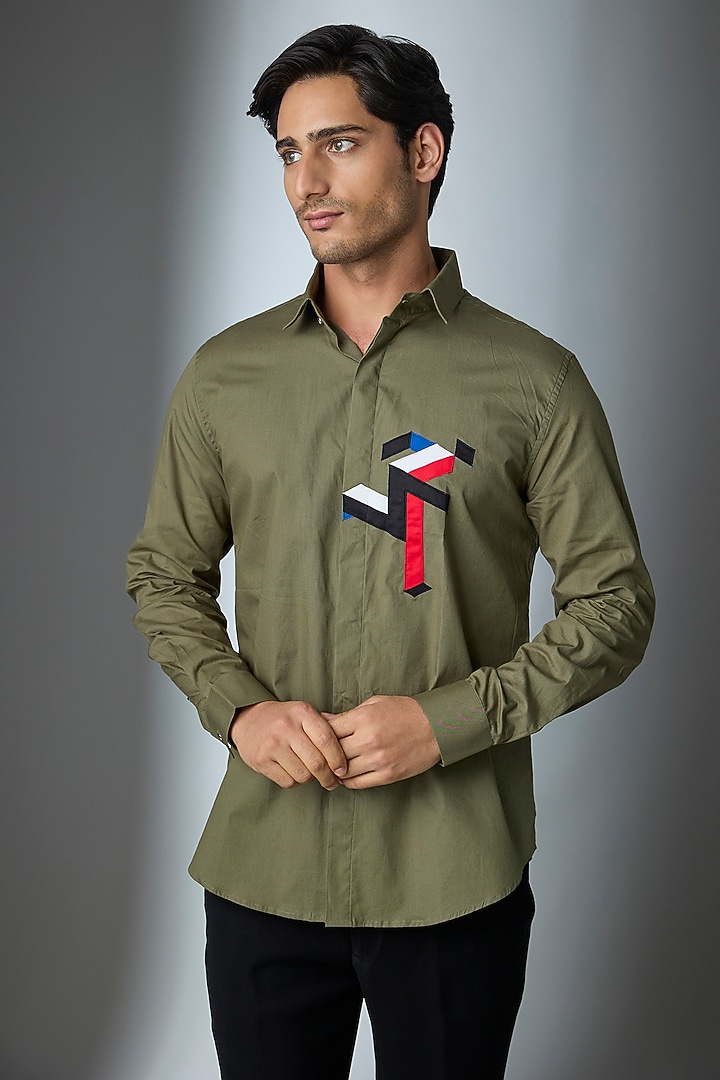 Olive Green Cotton Party Wear Shirt by SEVENDC MEN at Pernia's Pop Up Shop