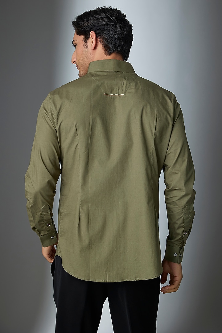 Olive Green Cotton Party Wear Shirt by SEVENDC MEN at Pernia's Pop Up Shop