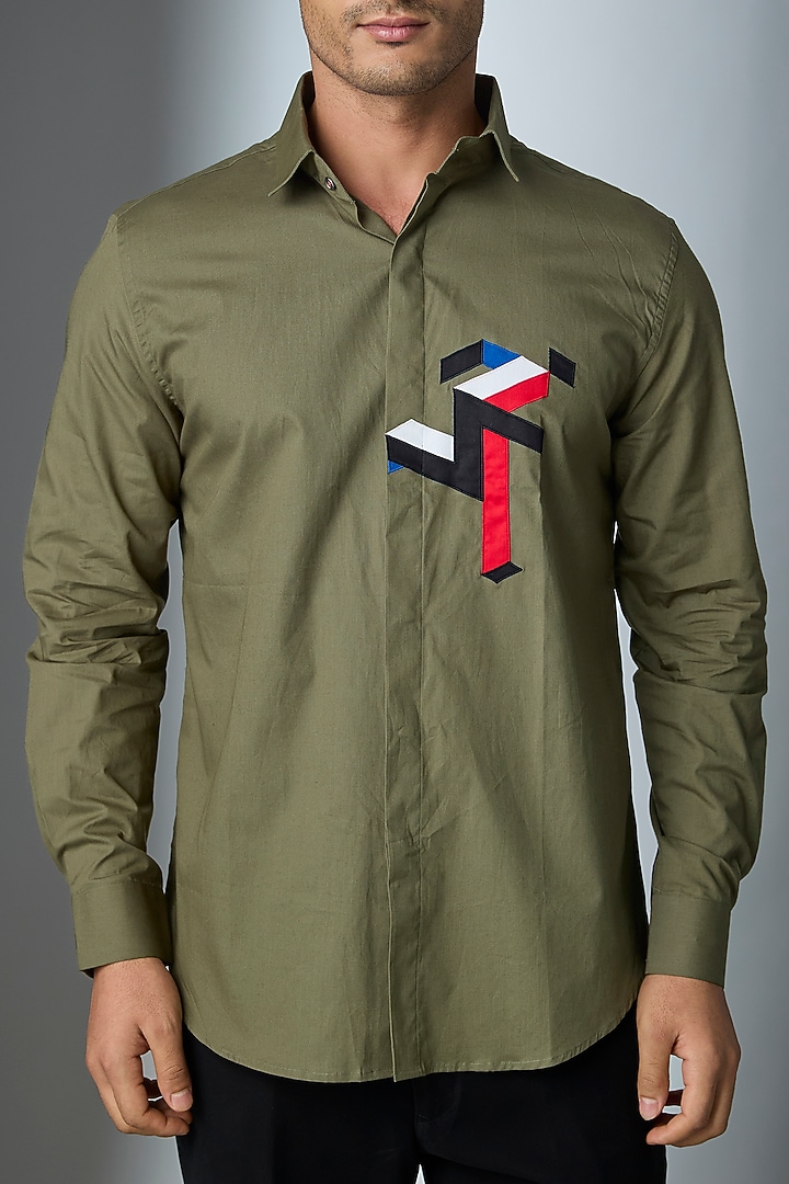 Olive Green Cotton Party Wear Shirt by SEVENDC MEN at Pernia's Pop Up Shop