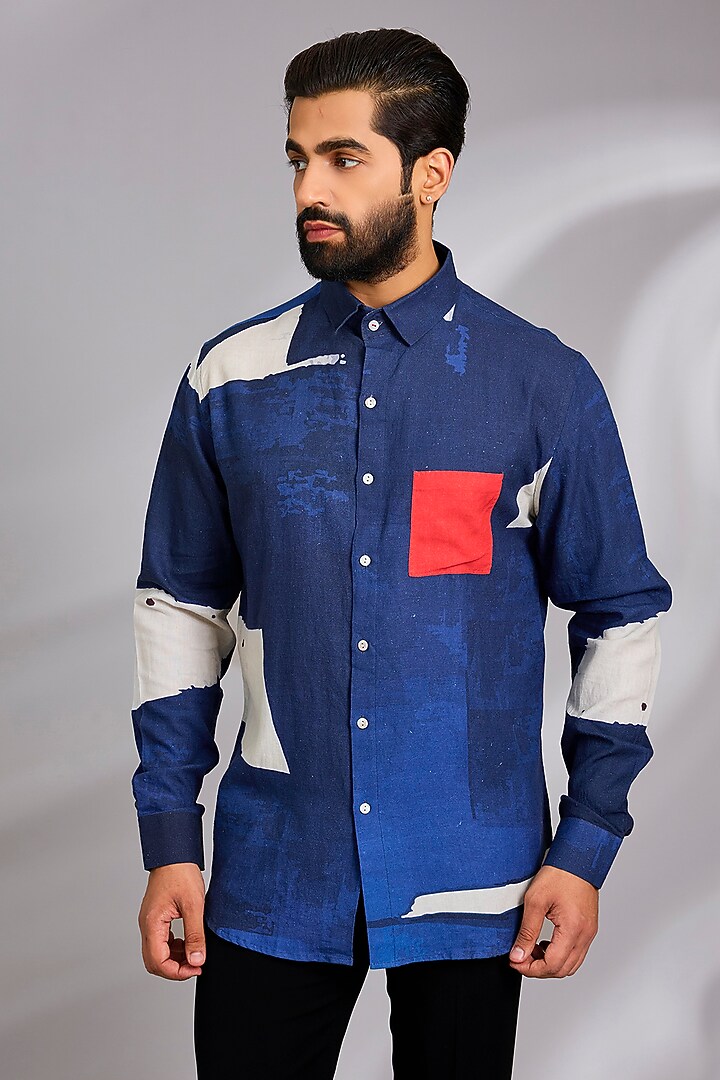 Blue Cotton Party Wear Shirt by SEVENDC MEN at Pernia's Pop Up Shop