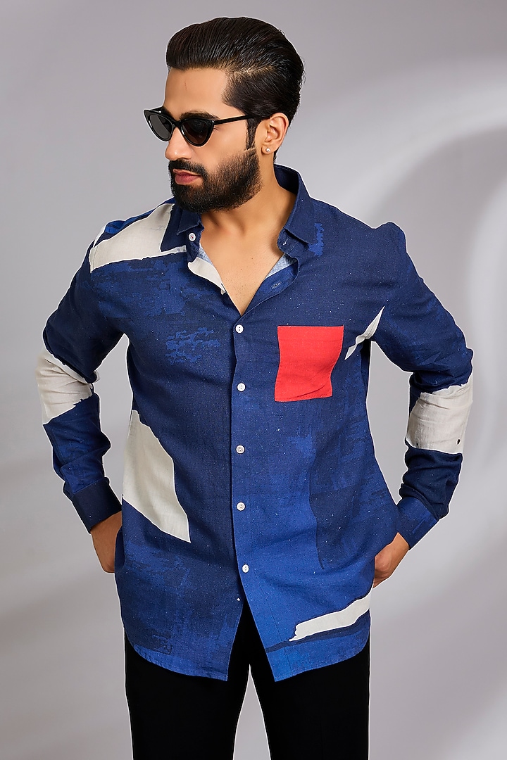 Blue Cotton Party Wear Shirt by SEVENDC MEN at Pernia's Pop Up Shop