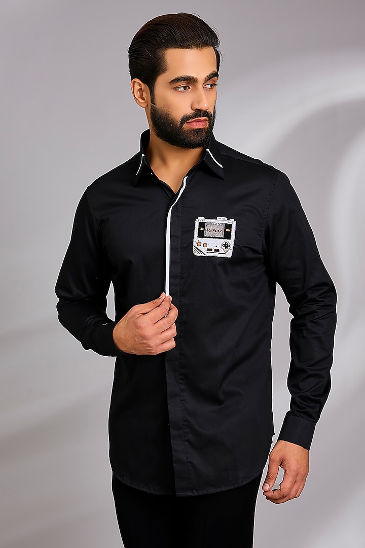 Black Cotton Party Wear Shirt by SEVENDC MEN at Pernia's Pop Up Shop