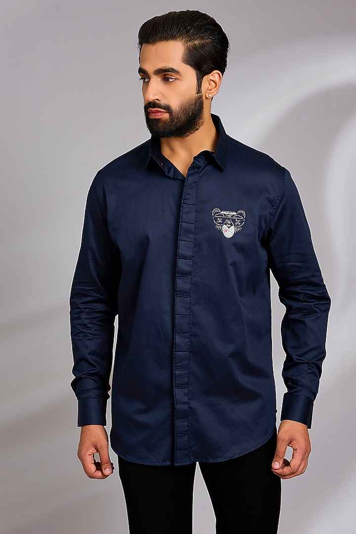Navy Blue Cotton Party Wear Shirt by SEVENDC MEN at Pernia's Pop Up Shop