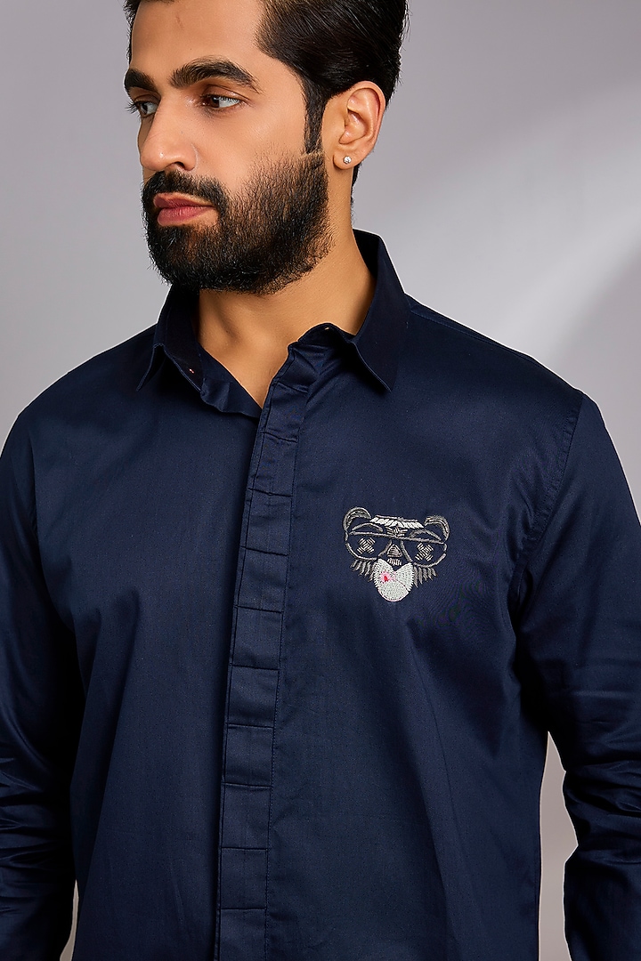 Navy Blue Cotton Party Wear Shirt by SEVENDC MEN at Pernia's Pop Up Shop