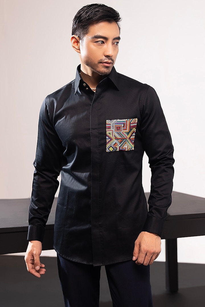 Black Satin Embroidered Shirt by SEVENDC MEN