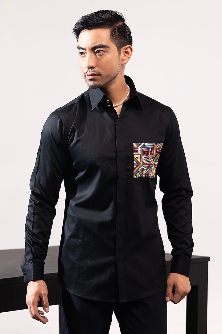 Black Satin Embroidered Party Wear Shirt by SEVENDC MEN at Pernia's Pop Up Shop