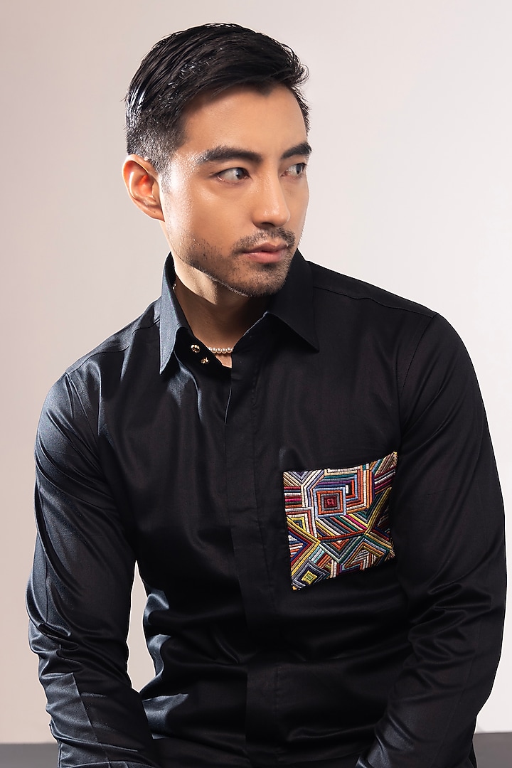 Black Satin Embroidered Party Wear Shirt by SEVENDC MEN at Pernia's Pop Up Shop
