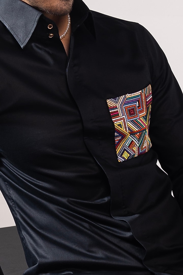 Black Satin Embroidered Party Wear Shirt by SEVENDC MEN at Pernia's Pop Up Shop