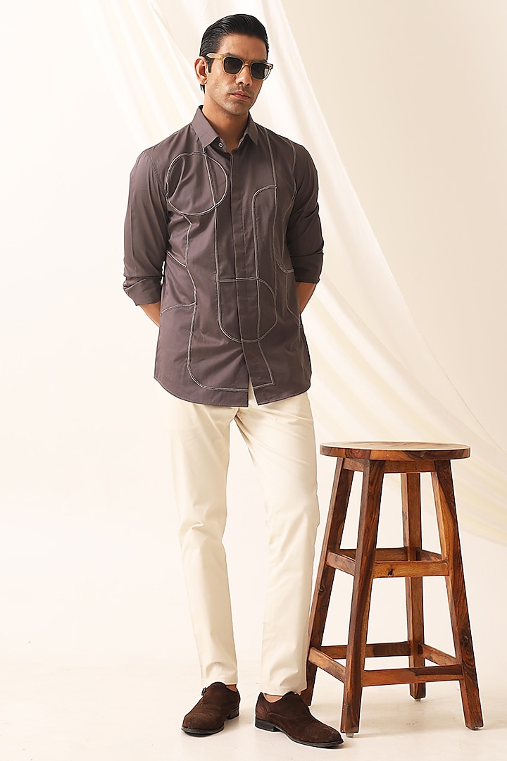 Charcoal Grey Cotton Machine Embroidered Party Wear Shirt by SEVENDC MEN at Pernia's Pop Up Shop