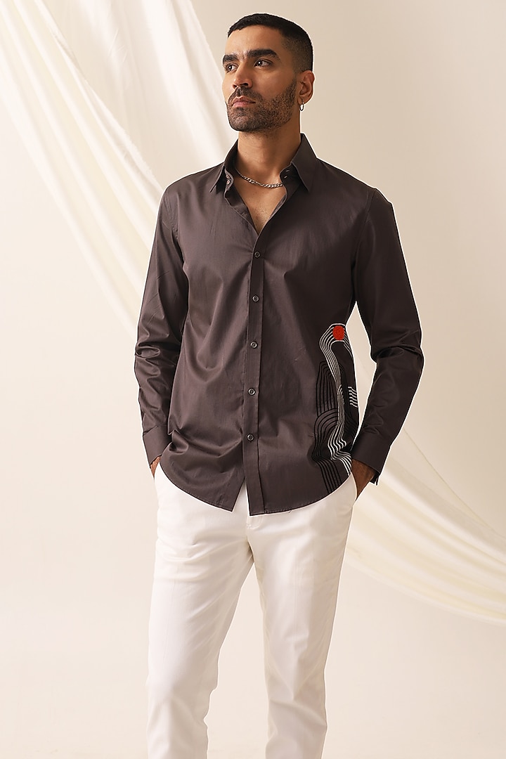 Charcoal Cotton Satin Embroidered Party Wear Shirt by SEVENDC MEN at Pernia's Pop Up Shop