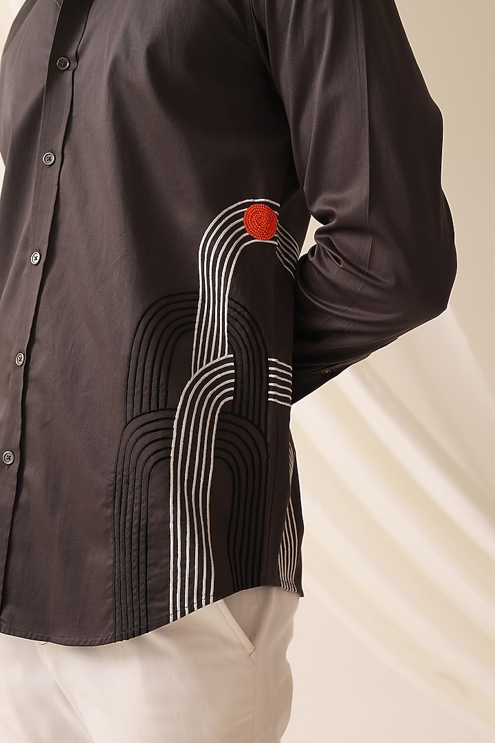 Charcoal Cotton Satin Embroidered Party Wear Shirt by SEVENDC MEN at Pernia's Pop Up Shop