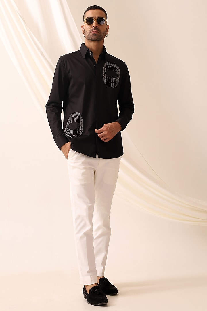 Black Cotton Satin Hand Embroidered Party Wear Shirt by SEVENDC MEN at Pernia's Pop Up Shop