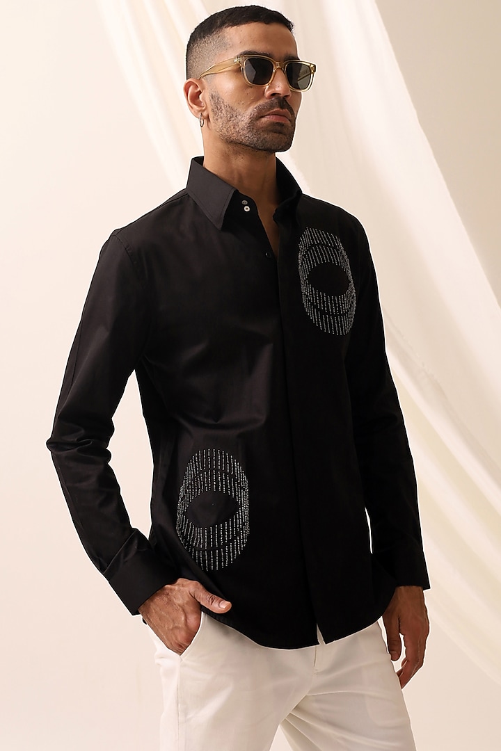Black Cotton Satin Hand Embroidered Party Wear Shirt by SEVENDC MEN at Pernia's Pop Up Shop