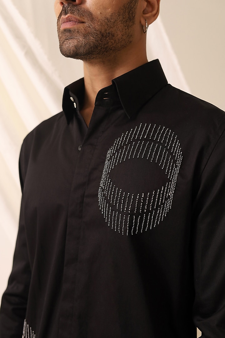 Black Cotton Satin Hand Embroidered Party Wear Shirt by SEVENDC MEN at Pernia's Pop Up Shop