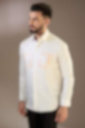 White Cotton Satin Thread Embroidered Shirt by SEVENDC MEN