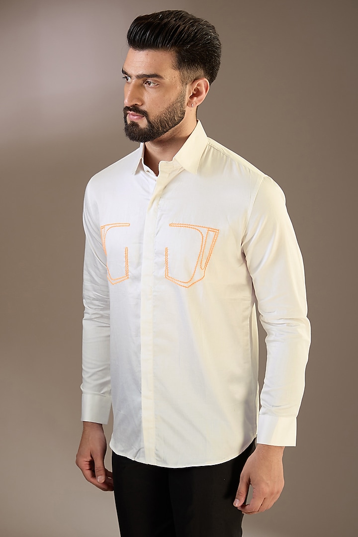 White Cotton Satin Thread Embroidered Shirt by SEVENDC MEN