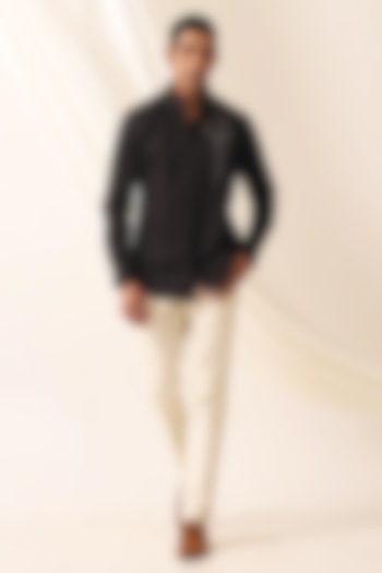 Black Cotton Satin Motif Embellished Party  start Shirt by SEVENDC MEN at Pernia's Pop Up Shop