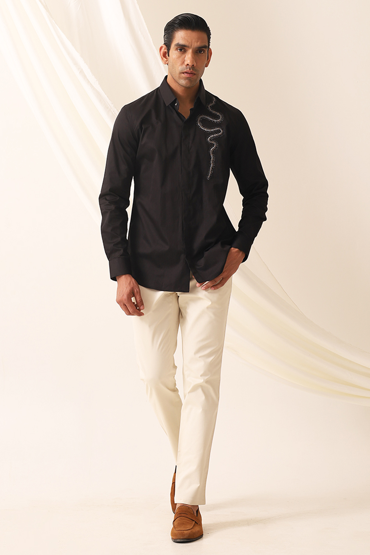 Black Cotton Satin Motif Embellished Party  start Shirt by SEVENDC MEN at Pernia's Pop Up Shop