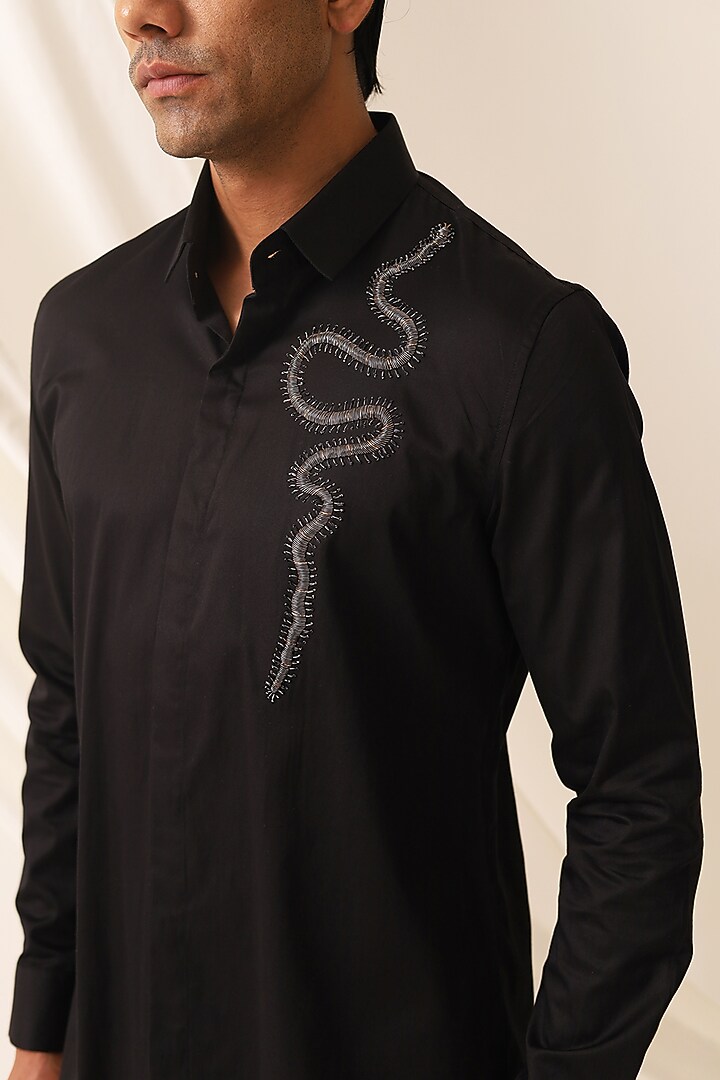 Black Cotton Satin Motif Embellished Party Wear Shirt by SEVENDC MEN at Pernia's Pop Up Shop