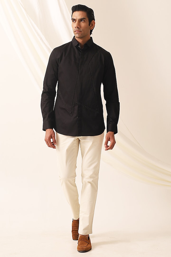 Black Cotton Embroidered Party  start Shirt by SEVENDC MEN at Pernia's Pop Up Shop