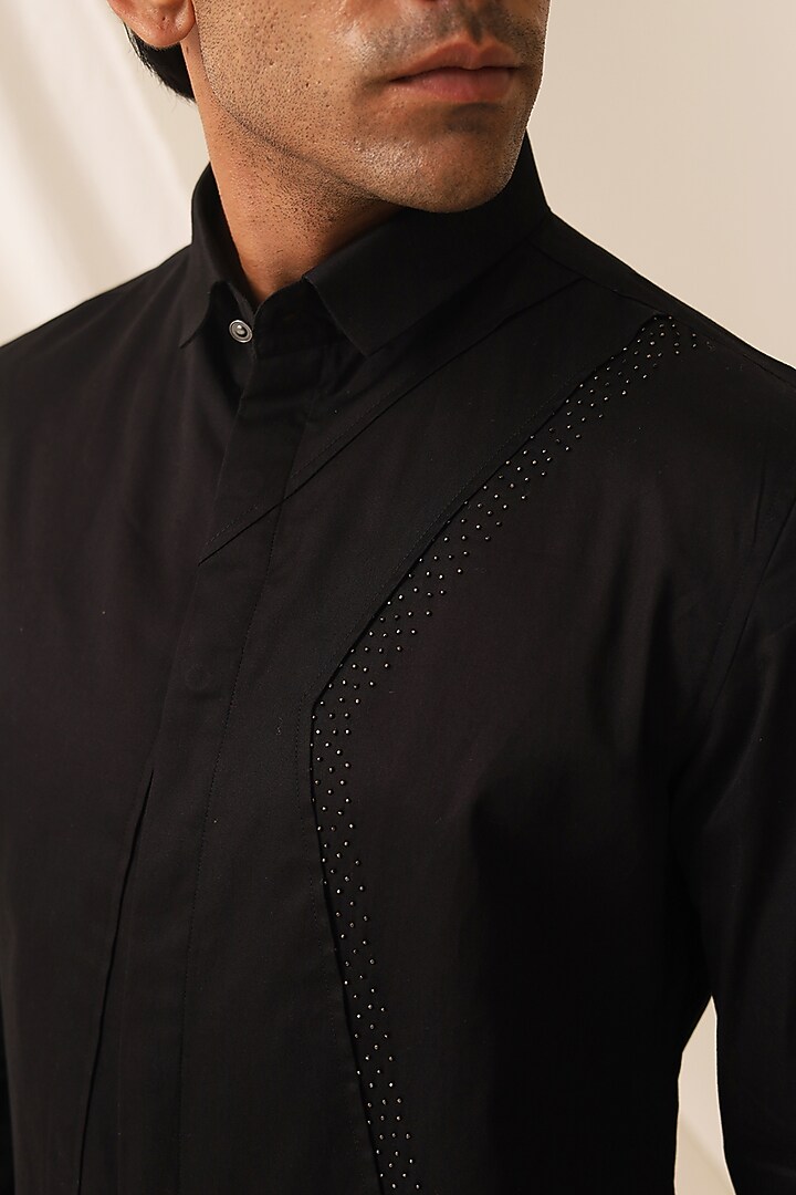 Black Cotton Embroidered Party Wear Shirt by SEVENDC MEN at Pernia's Pop Up Shop