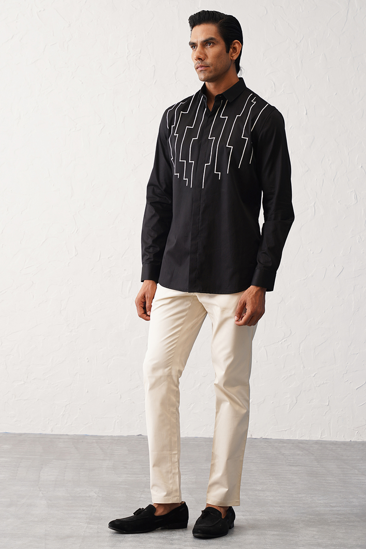 Black Cotton Motif Embroidered Party  start Shirt by SEVENDC MEN at Pernia's Pop Up Shop
