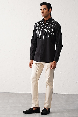 Black Cotton Motif Embroidered Shirt by SEVENDC MEN