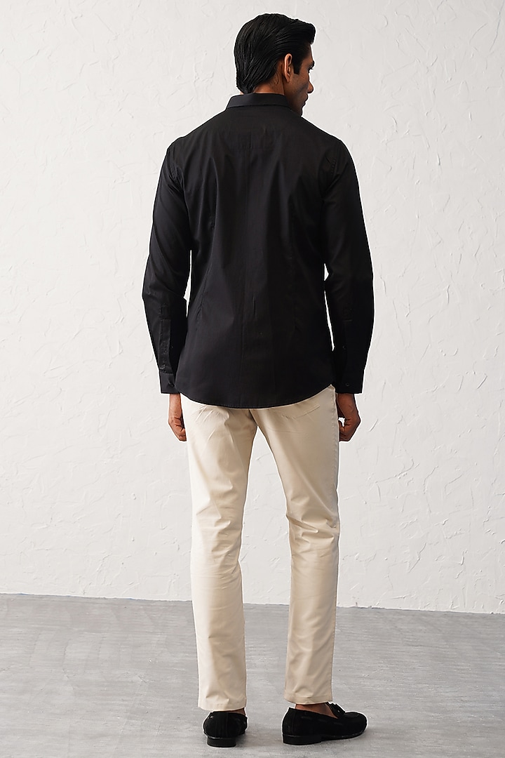 Black Cotton Motif Embroidered Party Wear Shirt by SEVENDC MEN at Pernia's Pop Up Shop