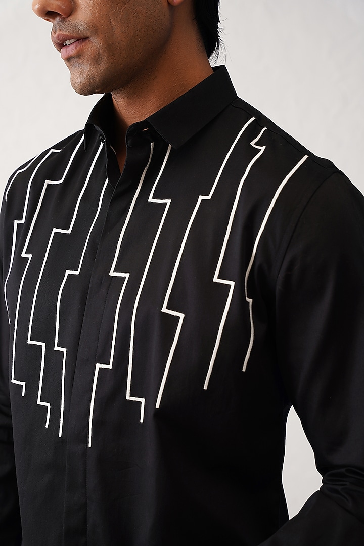 Black Cotton Motif Embroidered Party Wear Shirt by SEVENDC MEN at Pernia's Pop Up Shop